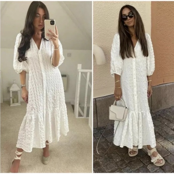 Zara White/Cream Puff Sleeves Textured Midi Dress Size S - Picture 4 of 8